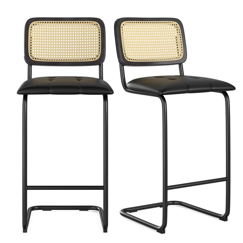 Counter Height Bar Stools Set of 2, Upholstered PU Leather Barstools with Rattan Back, 30 inch Stools Armless Bar Chairs - Black