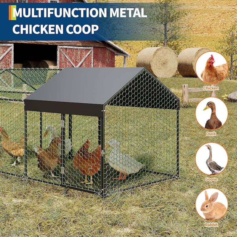 3 Doors Outdoor Large Metal Chicken Coop with Waterproof Anti-UV Cover for Rabbit Duck