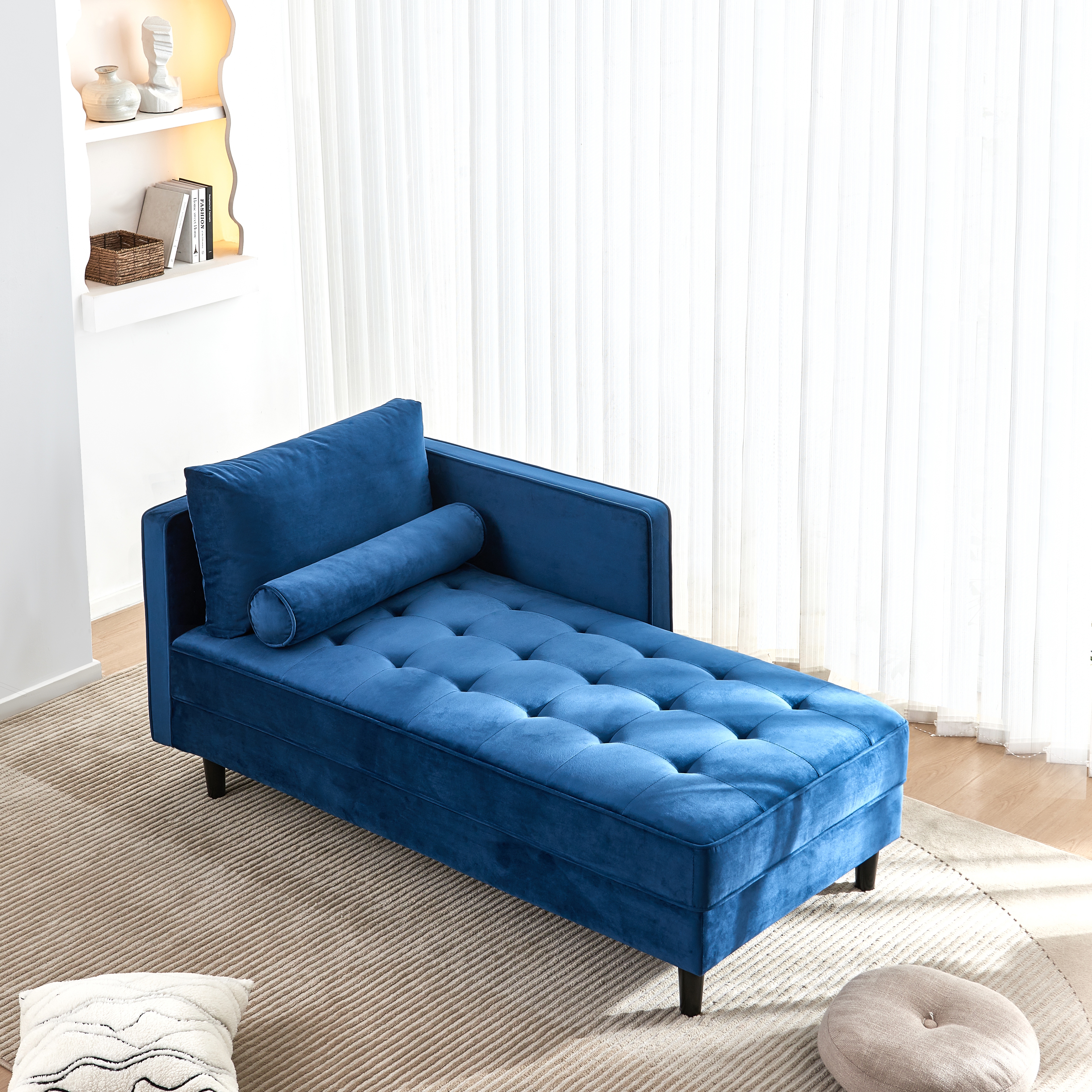 Blue tufted chaise lounge sales