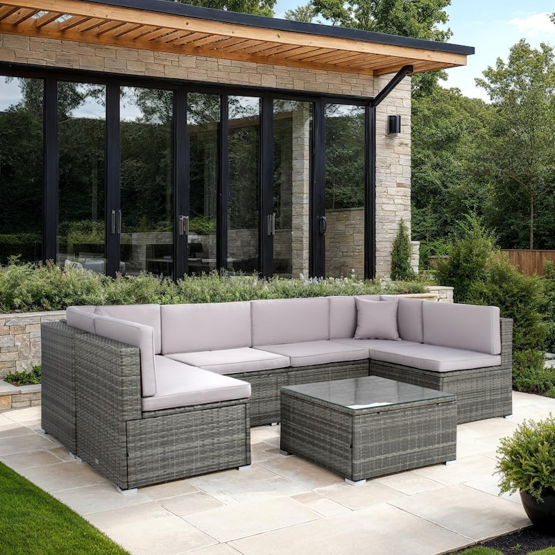SAFAVIEH Outdoor Patio Furniture Angeles Sectional Seating Set with Glass Top Coffee Table - 23W x 26D x 26H - Grey/Grey Cushions