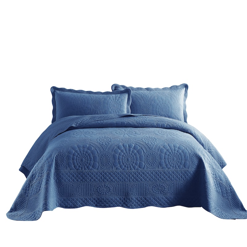 MarCielo 3Pcs 100% Cotton Oversized Quilt Bedspread Coverlet Set TF - Midtone Blue - Oversized Queen