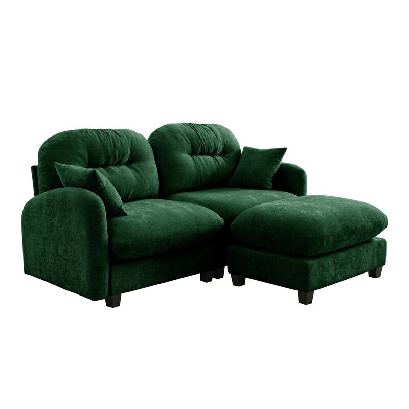 2 Seat Chenille Sofa Round Arms Sectional Sofa, Modern 74" Tufted Back Couch with Ottoman for Lving Room, Small Space