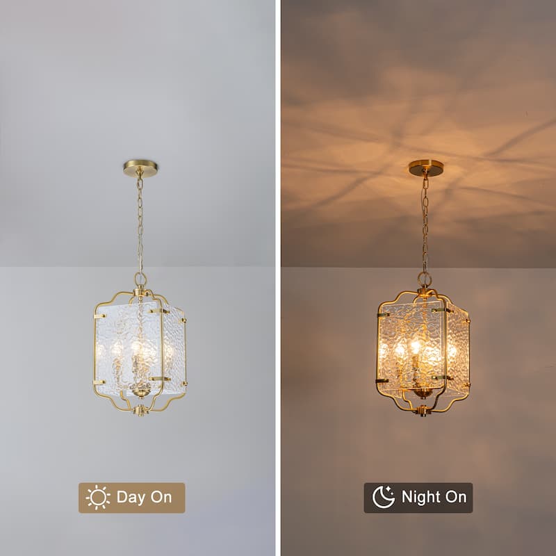 Modern 4-Light Metal Frame Pendant Light with Hammered Glass Panels - Dia.10-in