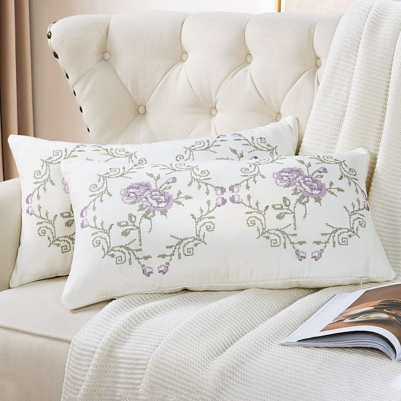 Canvas Pillow Shells with Rose Embellishments (Set of 2), NO INSERT - 14" x 26" - Lilac Rose