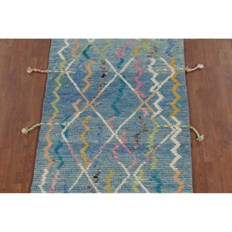 Contemporary Blue Moroccan Runner Rug Hand-Knotted Wool Carpet - 2'10"x 16'1"