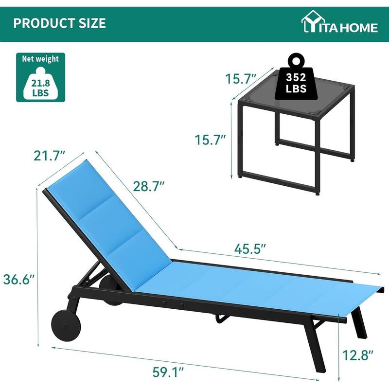 Outdoor 2 Lounge Chair with 1 Side Table and Wheels Set for Backyard, Porch, Garden