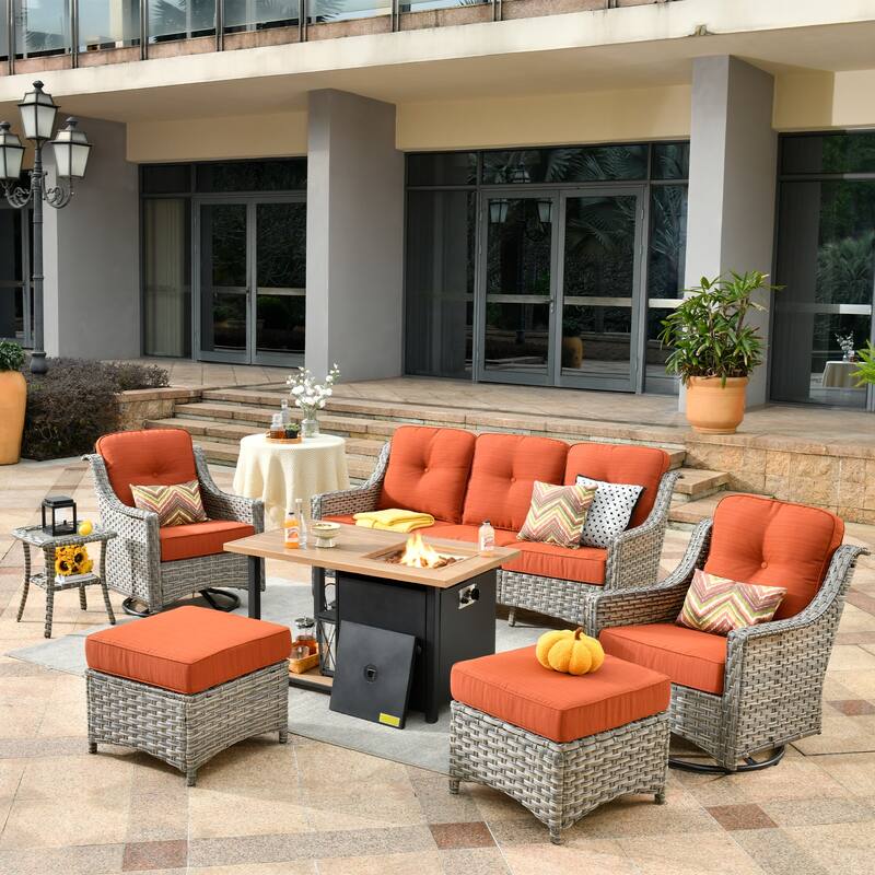 OVIOS 7 Pieces Outdoor Wicker Curved Swivel Chair Set With Fire Table