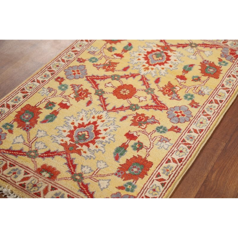 Yellow Kazak Oriental Foyer Rug Hand-Knotted Floral Wool Carpet - 2'0" x 3'0"