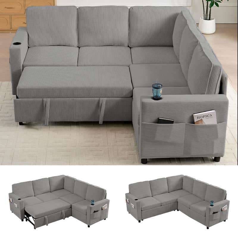 Mixoy Convertible Modular bunk combination sofa with pull out bed,L-shaped 5-seat Sectional Sleeper Sofa Bed with Storage seat - Grey - L-Shaped