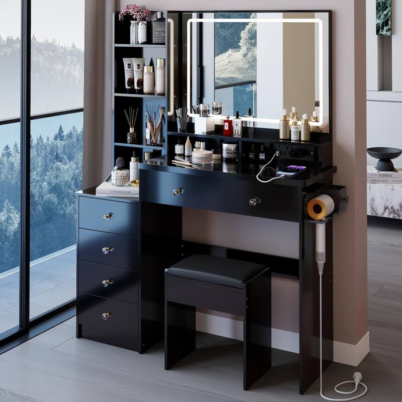 41" Large Size Left Bedside Cabinet Vanity Table + Cushioned Stool Dresser Set, 2 AC+2 USB Power Station, Hair Dryer Stand