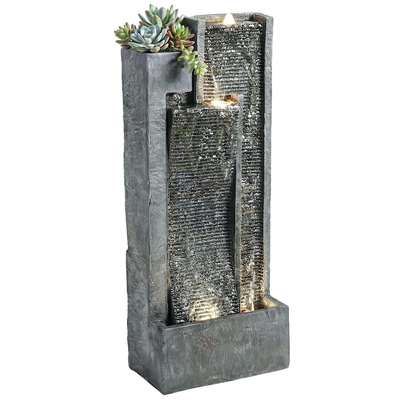 Outsunny 40" Tall Outdoor Waterfall Fountain with LED Lights and Planter, 3-Tier Cascading Waterfall Feature with Pump