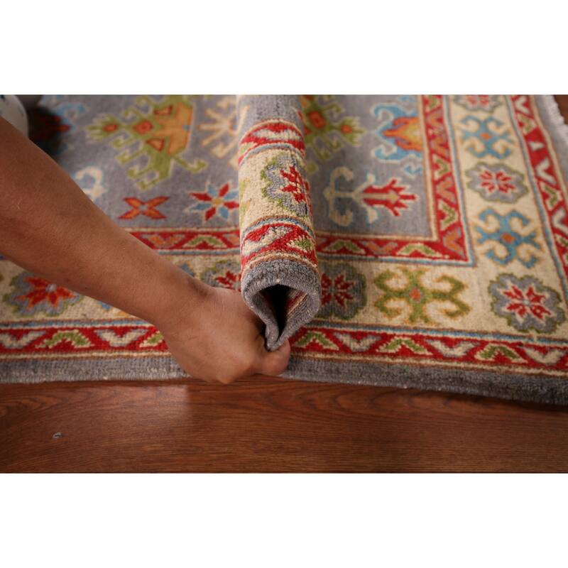 Geometric Gray Kazak Accent Rug Hand-Knotted Wool Carpet - 2'10" x 3'10"