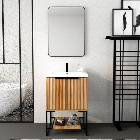 Wood Bathroom Vanity Cabinet With Resin Basin and Shelf, 24x18x35 inch