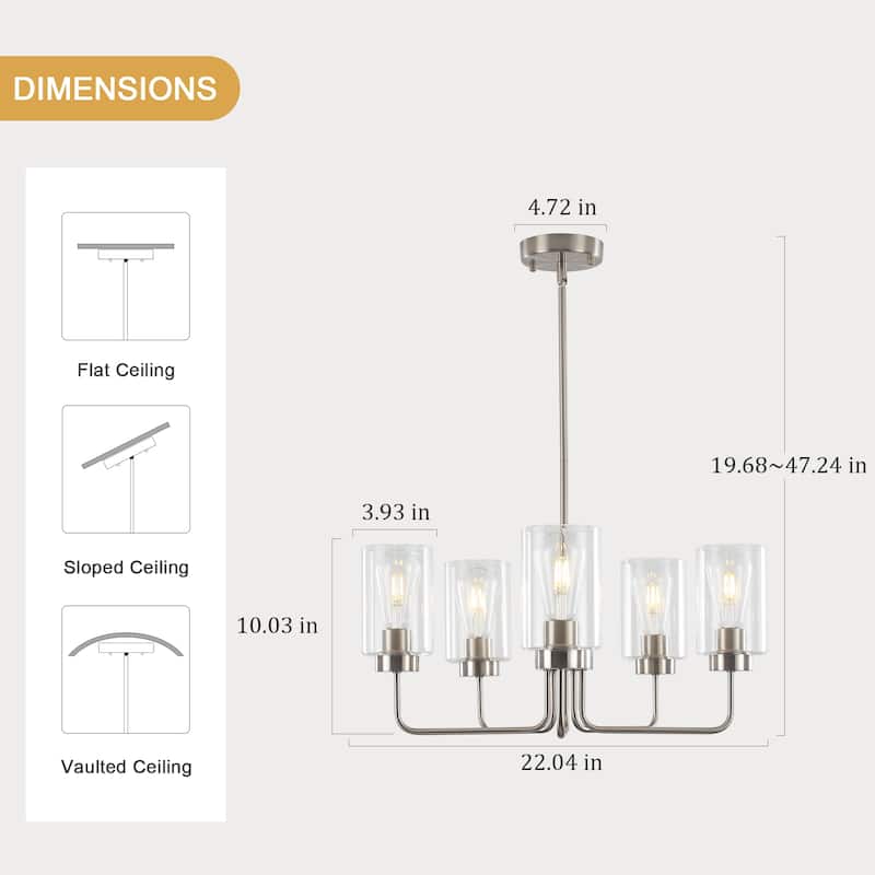5-Light Hanging Linear Chandelier Lighting Fixture Foyer Pendant with Glass Shade for Kitchen Island