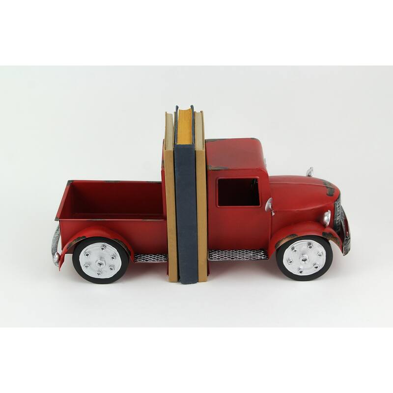 Zeckos Red Pickup Truck Metal Bookends Front And Back (Set Of 2) - 6.75 X 9.25 X 6.5 inches