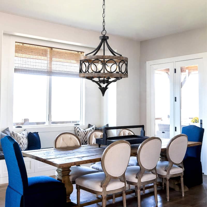 Cusp Barn 4-Light Farmhouse Drum Wood Chandelier, 16'' Rustic Pendant Light, Round Metal Hanging Light Fixture for Dining Room