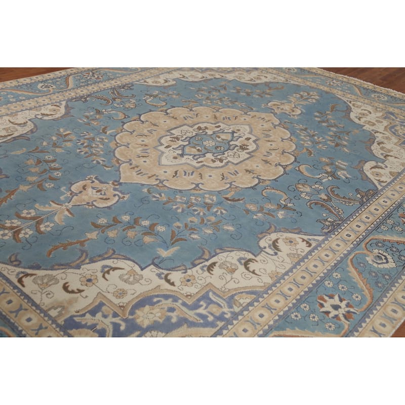 Light Blue Tabriz Persian Vintage Area Rug Hand-Knotted Wool Carpet - 9'7"x 12'6"