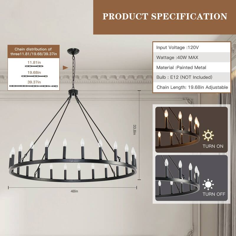24-Light Black Wagon Wheel Chandelier 48" Farmhouse Rustic Ceiling Light with Adjustable Height - 1 Tier 24lights - 48inch