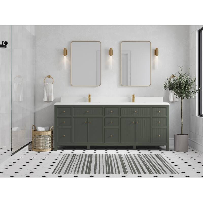 Willow Collections 84 in. W x 22 in. D Sonoma Free Standing Reeded Double Sink Bathroom Vanity with Countertop - 1.5" White Quartz - Pewter Green