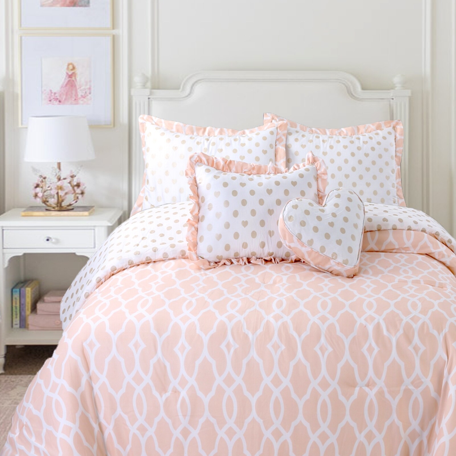 Cozy Line Peach Heart Polka Dot Reversible Bedding Comforter Set