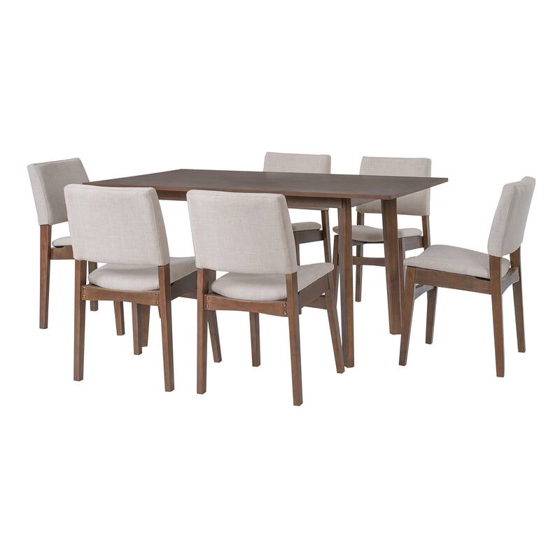 7-Piece Farmhouse Solid Wood Dining Table Set with 6 Upholstered Chairs, 60" Space Saving Dinner Table & Chairs Set