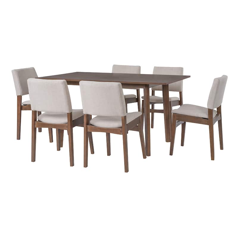 7-Piece Modern Dining Set: Rectangular Solid Wood Table & 6 Upholstered Linen Chairs, Dining Room Set