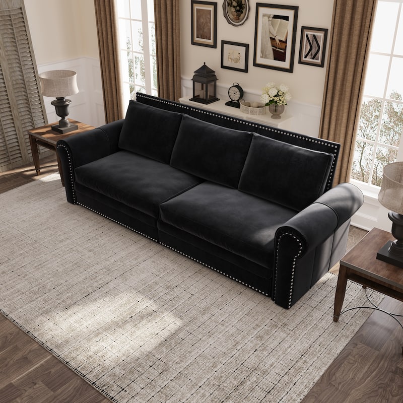 93.7" King Pull Out Sofa Bed w/ Nailhead Trim & Rolled Arm for Living Room Bedroom - Black
