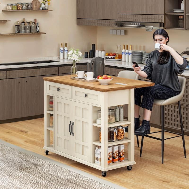 45" Rolling Kitchen Island with Storage & Drawers, Extendable Bar Table with Lockable Wheels - White
