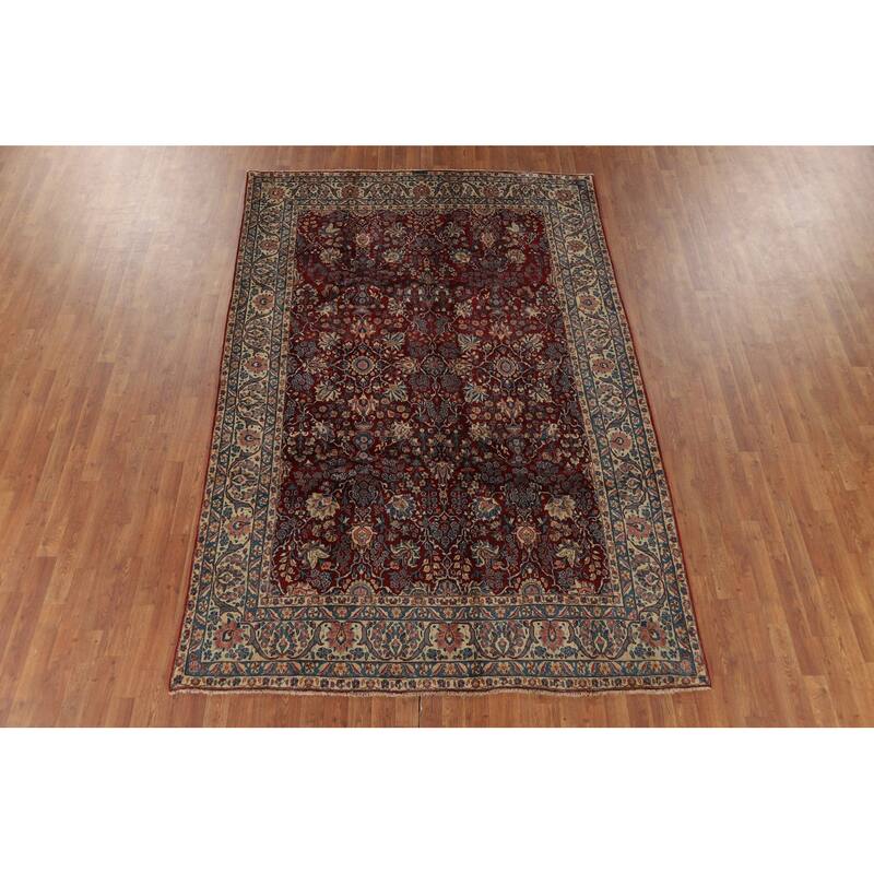 Vegetable Dye Floral Yazd Antique Persian Wool Carpet - 6'6" x 9'10"