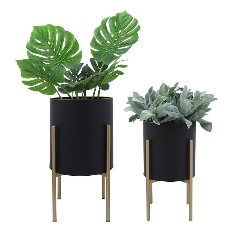 Modern Metal Round Planters on Stand - Set of 2