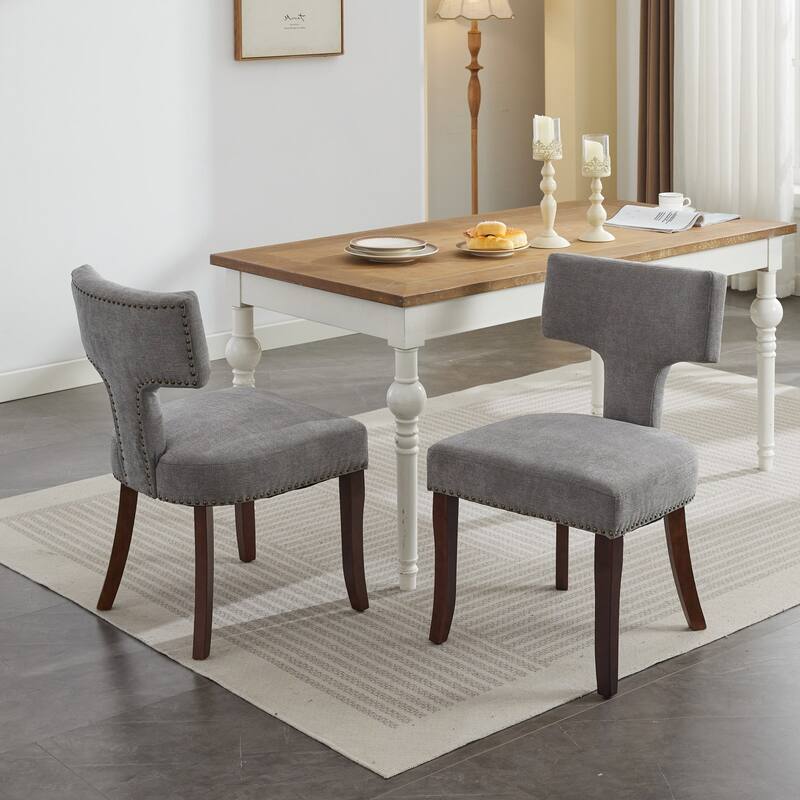 Mid Century Modern Dining Chairs Set of 2, Linen Fabric Upholstered Accent Chair, Kitchen Side Chairs with Curved Backrest