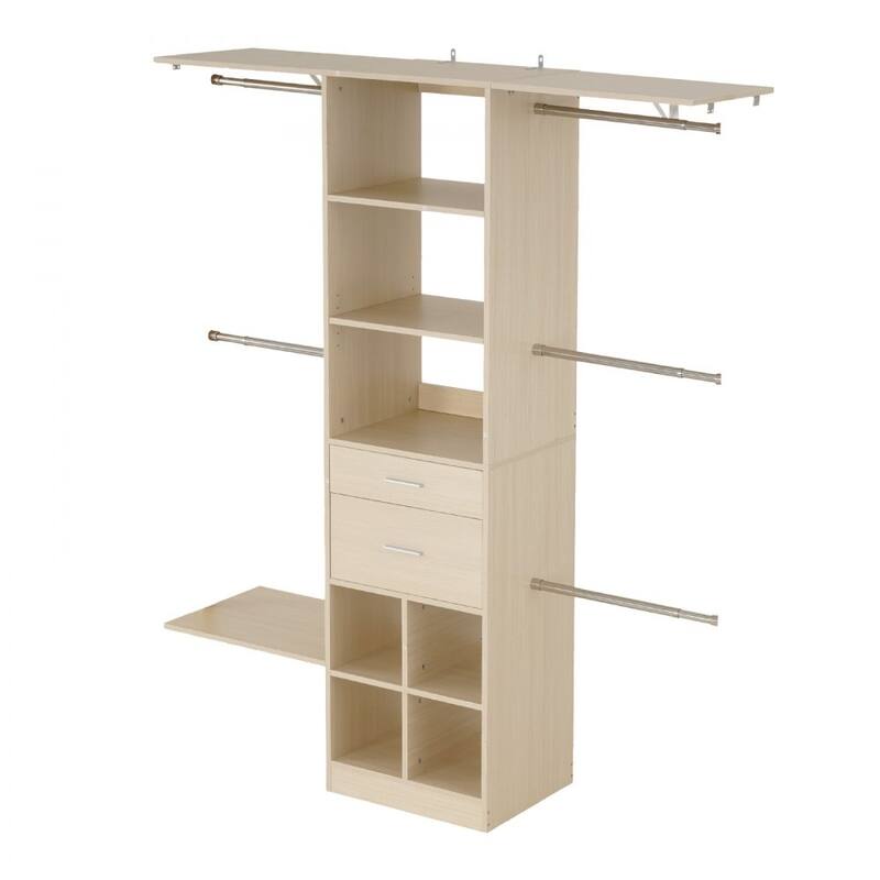 60” Grey Oak MDF Closet Storage Drawers with Hanging Rods and 17 Organized Compartments - 60” x 15.8” x 73”