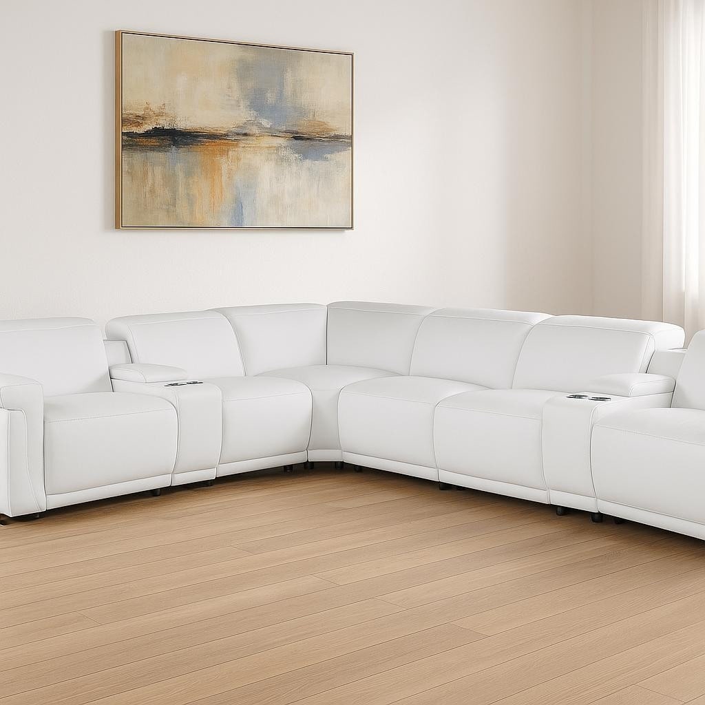 HomeRoots White Italian Leather Modular L Shaped Eight Piece Corner Sectional With Console