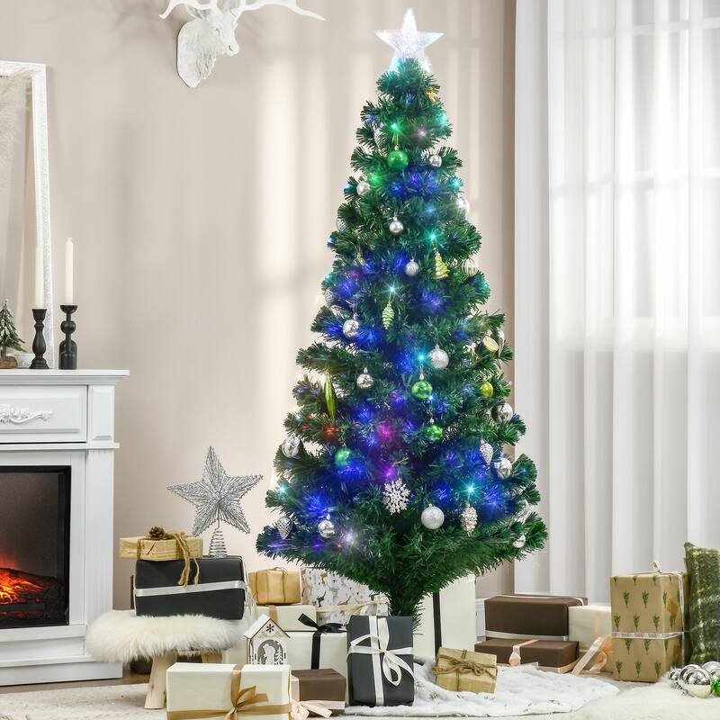 6ft Tall Artificial Douglas Fir Tree with Pre-Lit Fiber Optics, LED Lights, and Realistic Branches, Xmas Tree for Holiday Decor - Green