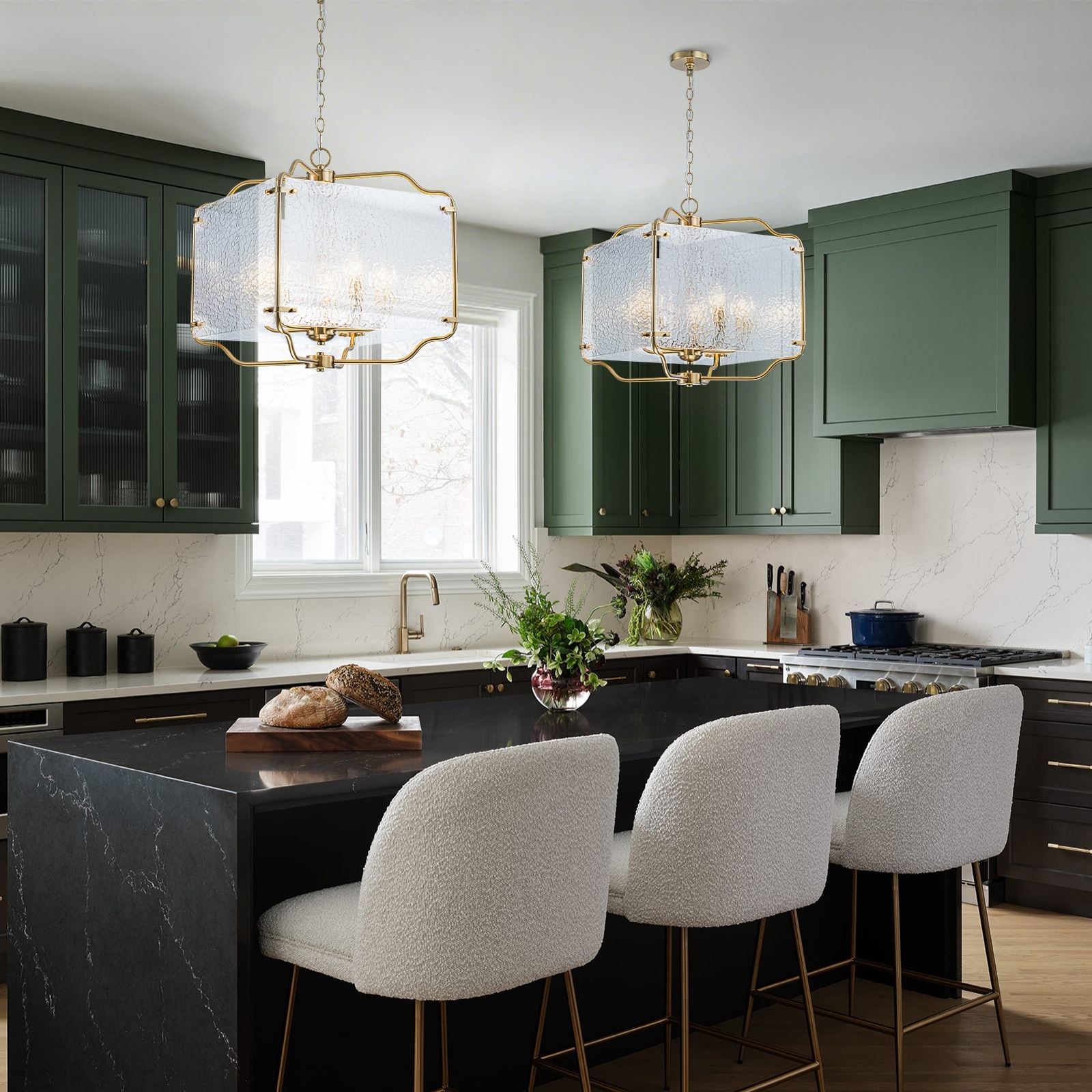 5-Light Gold Square Chandelier with Clear Textured Glass Ceiling