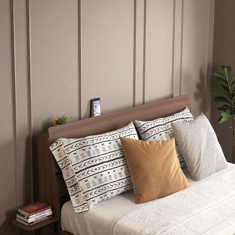 Queen Floating Bed Frame with LED Lights and Charging Station, Storage Headboard, No Box Spring Needed