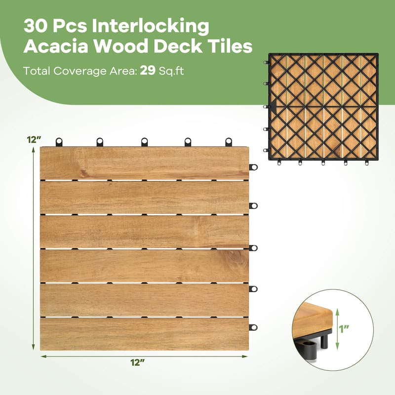 Costway 30 PCS Acacia Wood Flooring Tiles 12" x 12" Snap-in-place - See Details