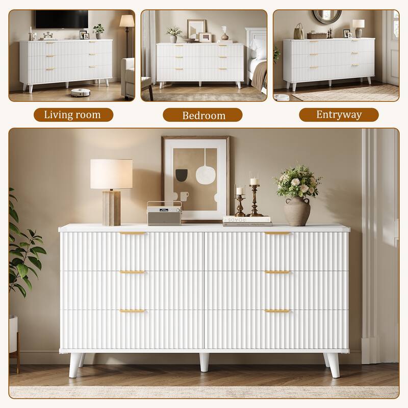6 Drawer Dresser for Bedroom, 53" Wide Boho Fluted Dresser
