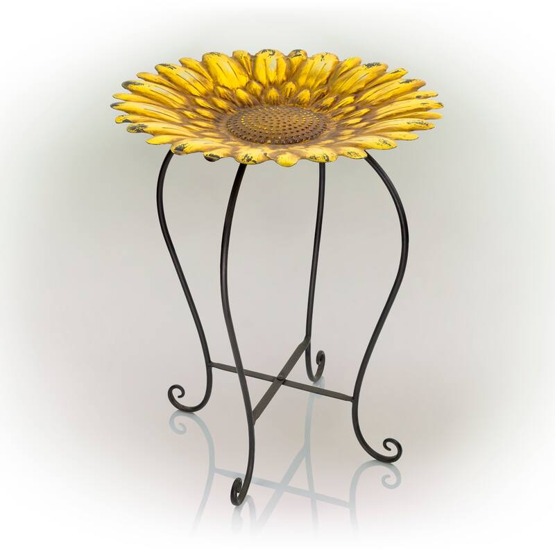 Alpine Corporation 19" Tall Embossed Metal Sunflower Birdbath Decoration Yard Statue