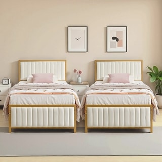 Javlergo Set of 2 Twin Kids Bed Frame with Upholstered Tufted Headboard & Footboard Heavy Duty No Box Spring Needed Bed for kid