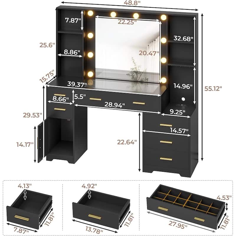 Vanity Desk Mirror Power Outlet 4 Shelves 6 Drawers Glass Tabletop