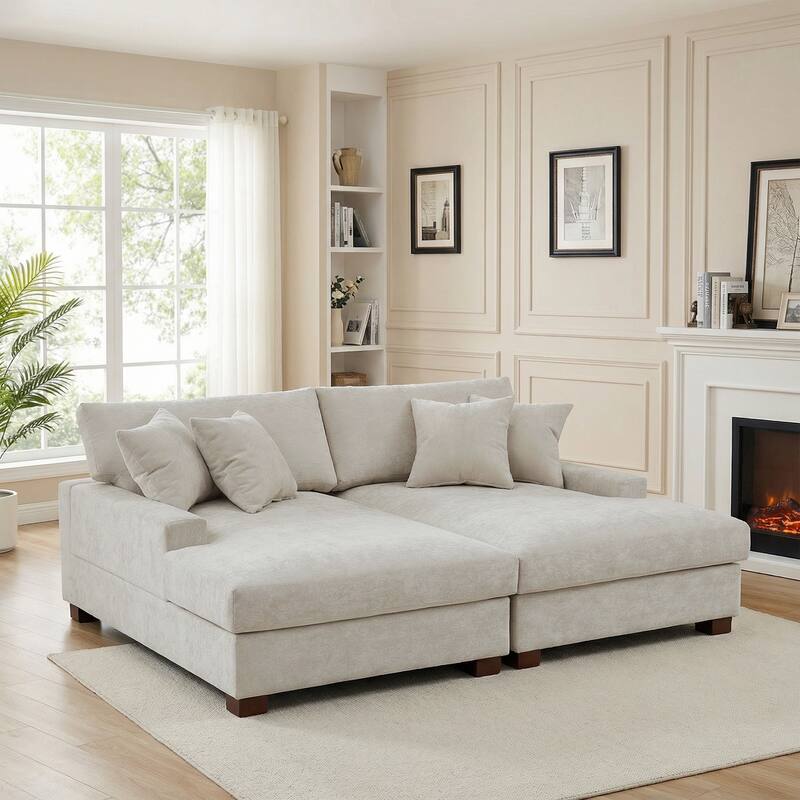 2 Set Chenille Upholstered Modular Sectional Sofa Chaise with Pillows - Off-White-2 Chaise - Symmetrical