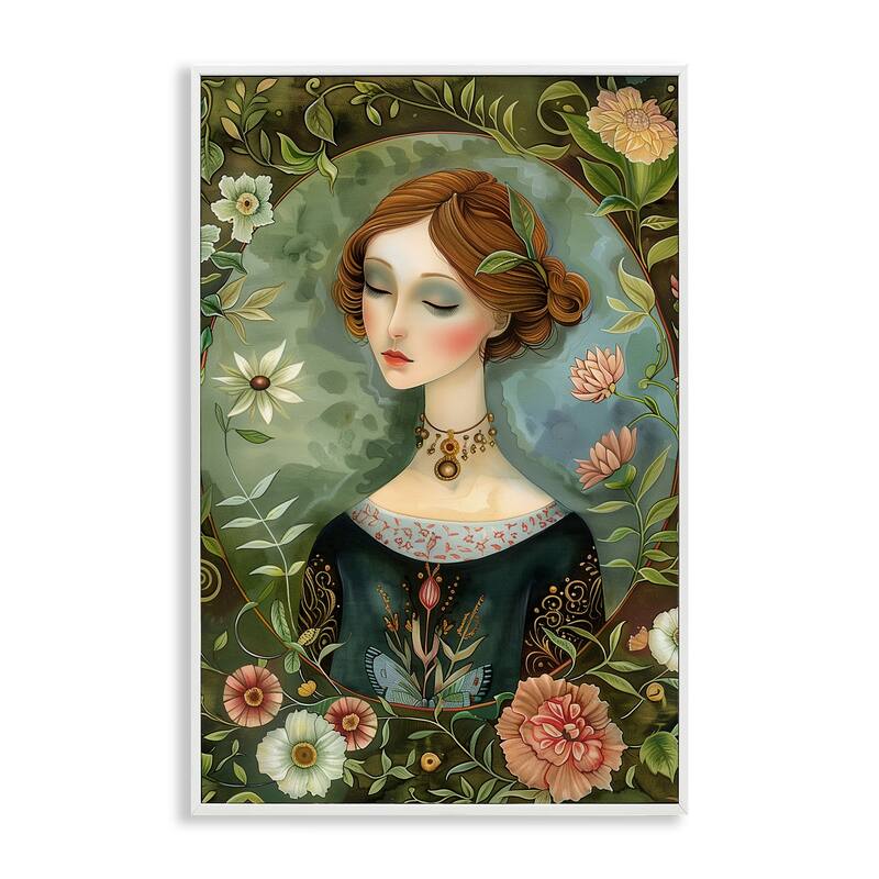 Stupell Floral Edged Victorian Woman Framed Giclee Art Design By The Dutch Lady - 12 x 18 - White
