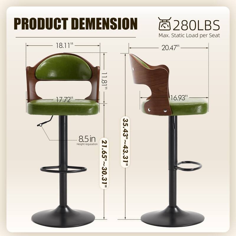 PU Leather Upholstered High-resilience Cushion 360° Swivel Adjustable Height Bar Stools with Footrest(set of 2)