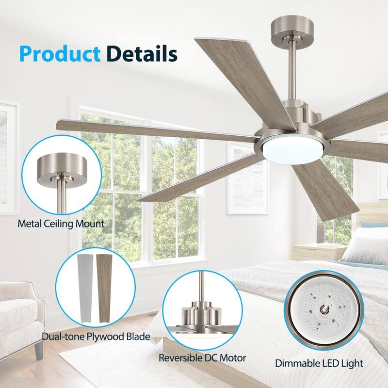 MLiAN Ceiling Fan 60inch Playwood Blades Remote Control 6-Speed DC with Integrated LED - 60''