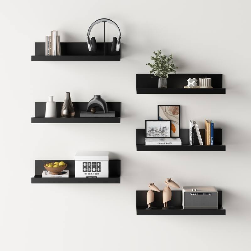 Homy Casa U-Shaped Wall-Mounted Floating Shelf Set of 6, Black & BR