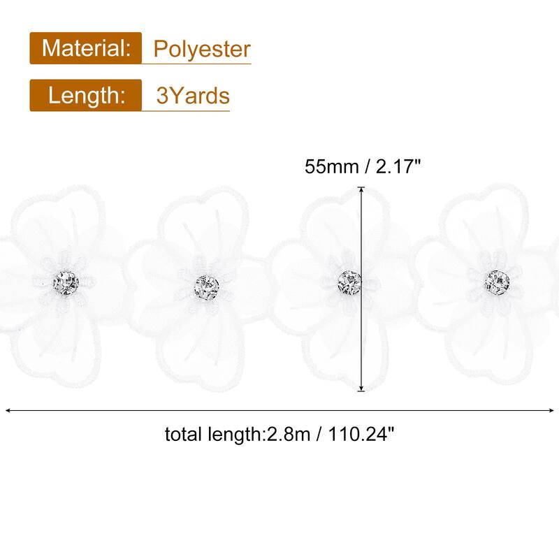 Flower Lace Trim Ribbon, Embroidered Polyester Applique - White - 3Yards