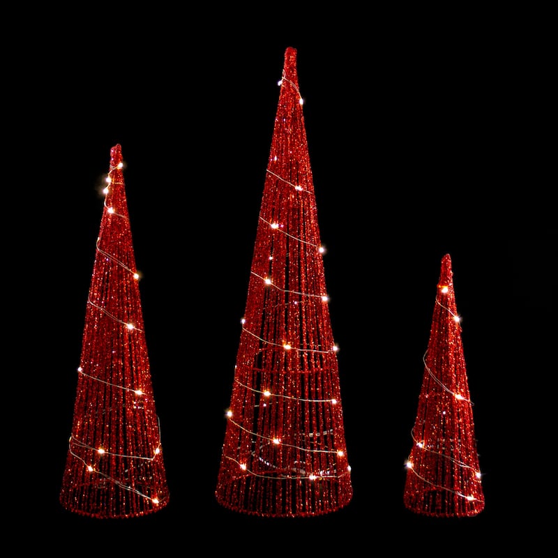 Set of 3 LED Lighted Glitter Cone Tree Outdoor Christmas Decorations 23.5"
