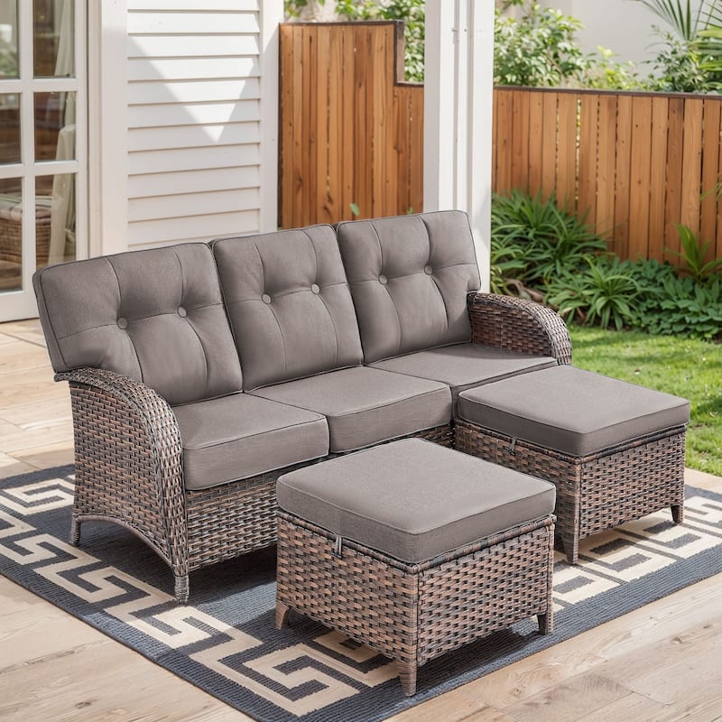 3 Pieces Pocassy 3-Seat Sofa with Ottomans - Brown Wicker & Red Cushion