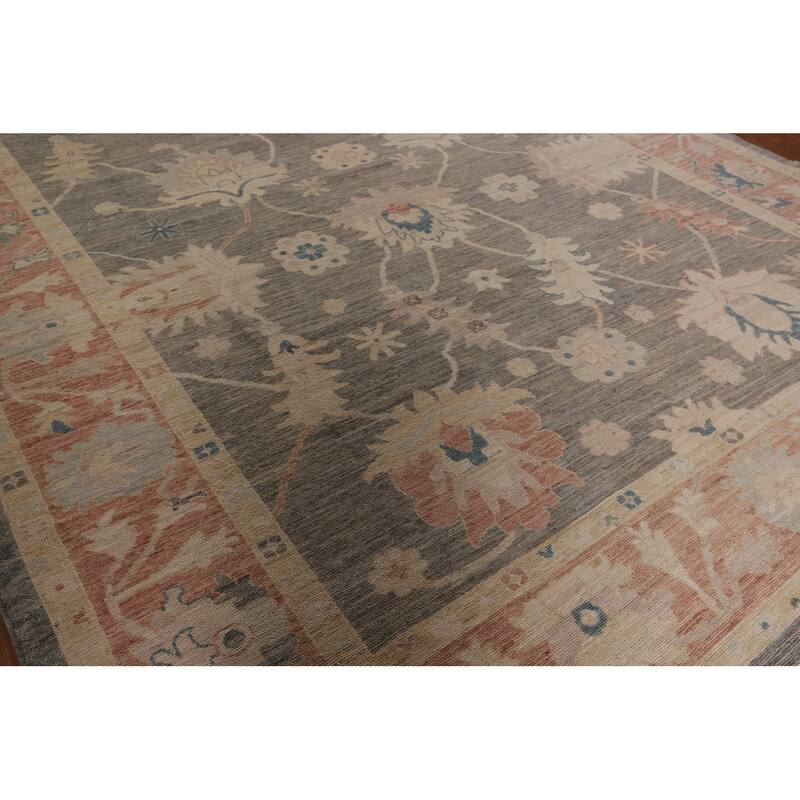 Vegetable Dye Oushak Turkish Area Rug Hand-Knotted Grey Wool Carpet - 9'2" x 11'0"